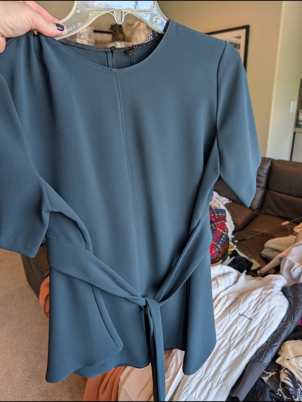 Zara Slate Green Tie-Waist Short-Sleeve Blouse